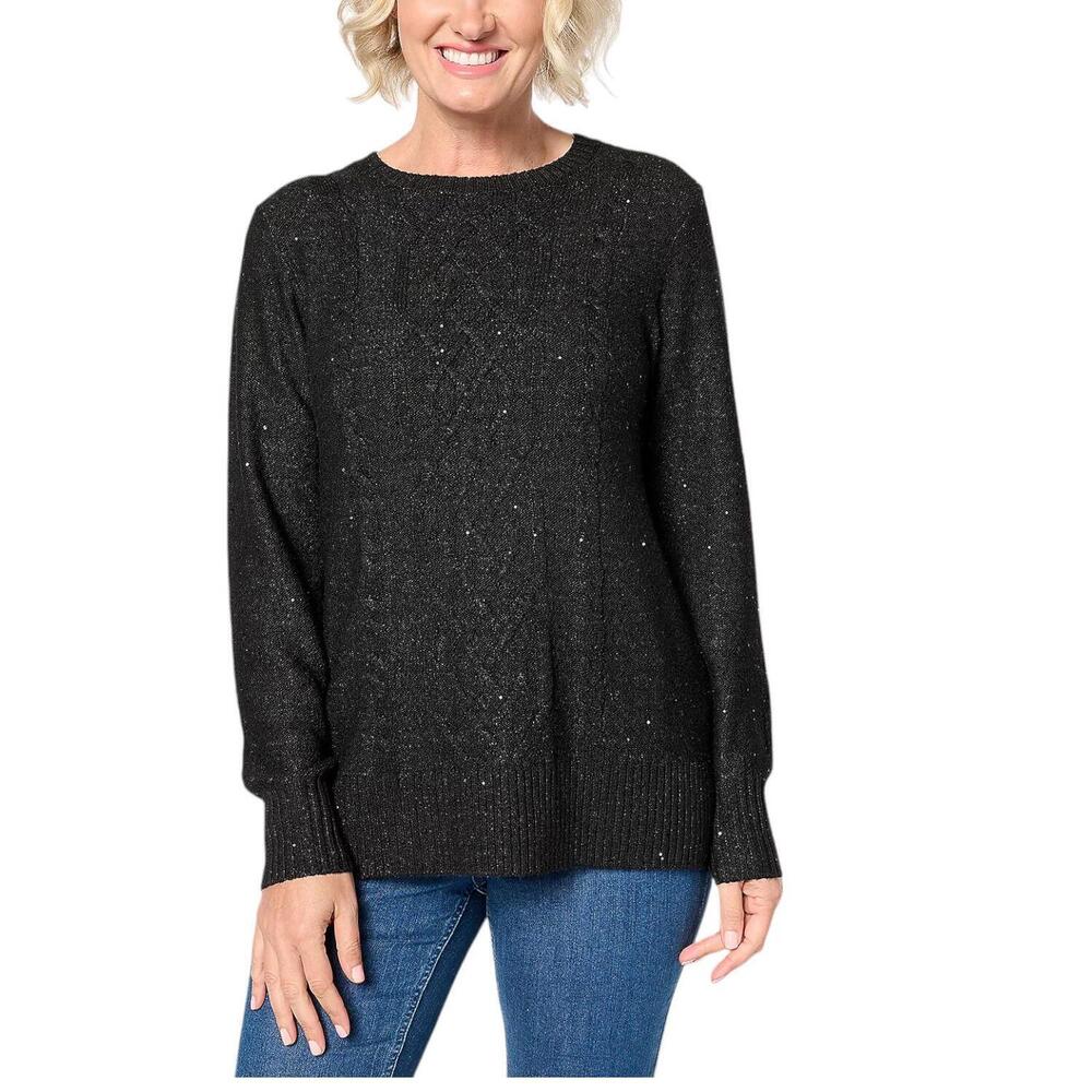 Jingle Belles by Kim Gravel Women's Sparkle Cable Sweater Black - Regular